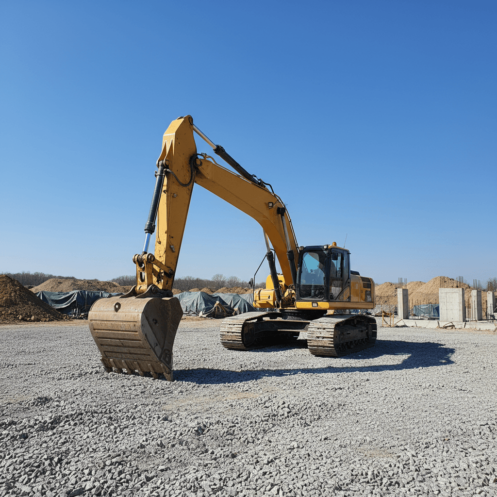 Escavatore cingolato parcheggiato su cantiere in ghiaia, pronto per il noleggio