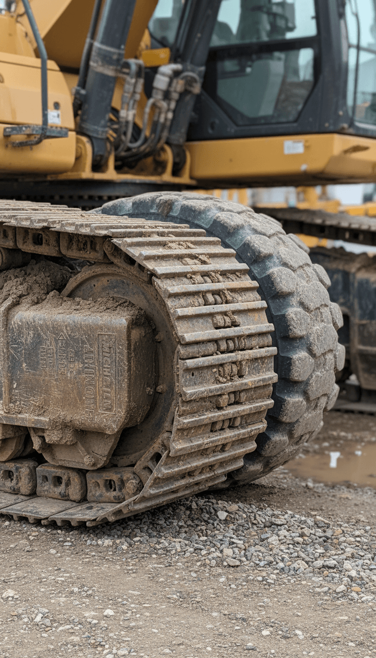 Particolare dei cingoli metallici di un macchinario edile